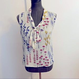 Tucker silk floral tie bow sleeveless blouse white